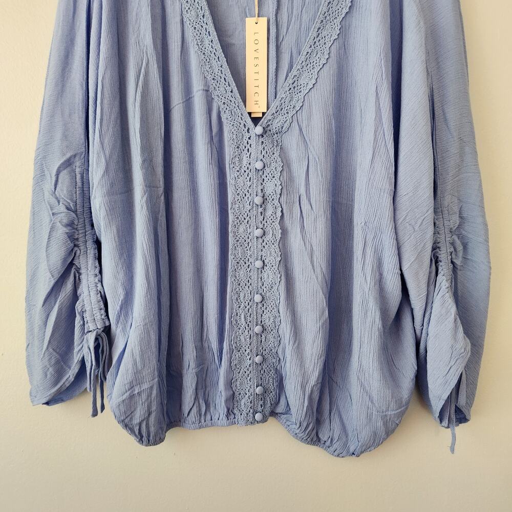 Lovestitch Gauzy Top Women L Blue Crinkle Ruched Sleeve Coastal Boho Chic Cruise - Picture 3 of 12